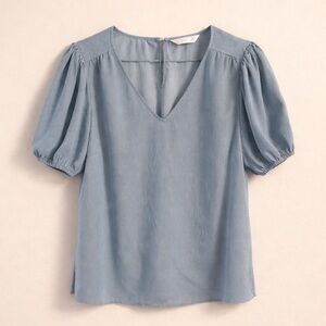 Lauren Conrad Blue Pinstripe Puff Sleeve Blouse 2X V-Neck Peasant Top